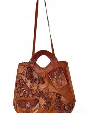 Brown Floral Boho Tooled Leather Bag with Shoulder Strap